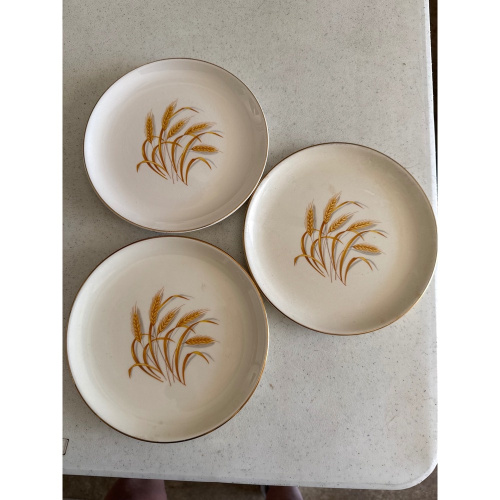Vintage Golden Wheat 22k Gold Trim Plates Set of 3 USA Made Oven Proof 7.25 in